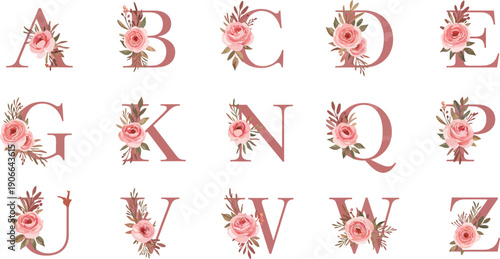 Floral alphabet letters with pink flowers and green leaves on white background