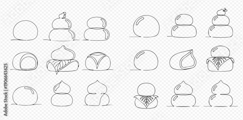 Set of various mochi illustrations, hand-drawn vector art, traditional Japanese rice cakes.