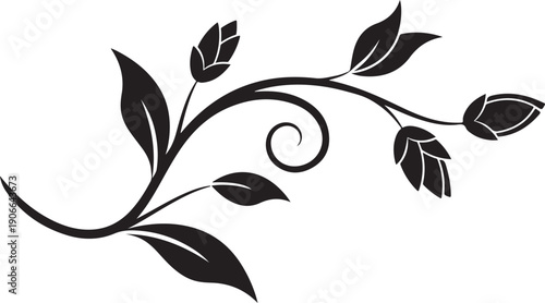 Elegant black silhouette of a floral branch with leaves and buds, offering a delicate and sophisticated design element.