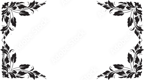 Elegant black silhouette corner flourishes with intricate leaves and swirling vines, creating ornate frames for invitations or borders.