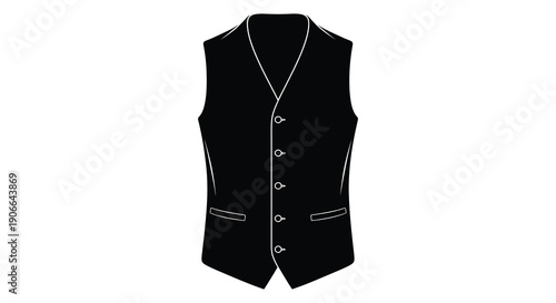 A black waistcoat is displayed against a white background showcasing a classic tailored design silhouette high quality professional detailed modern elegant
