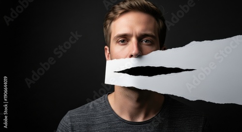Serious man's face partially hidden by torn white paper portraying restricted expression and silent suffering on a dark background