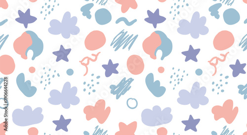 Colorful whimsical pattern of sea creatures and shapes in pastel hues on white background