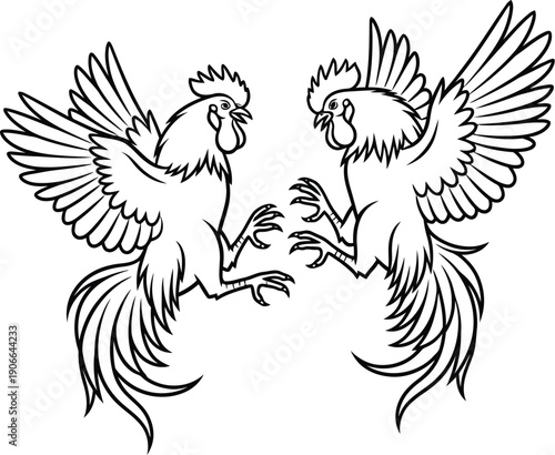 Striking black and white outline drawing featuring two aggressive fighting roosters confronting each other with raised wings and sharp talons