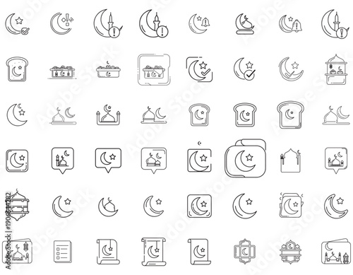 Set of Ramadan and Islamic Holiday Icons featuring Crescent Moon and Mosques