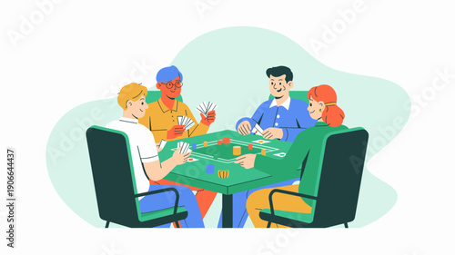 group of friends playing board and card games around a table, social board games and friendly competition concept