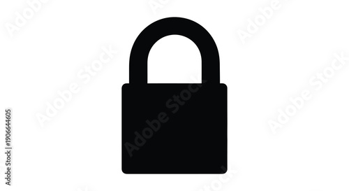A stark black padlock is displayed against a plain white background offering a symbol of security and privacy silhouette high quality
