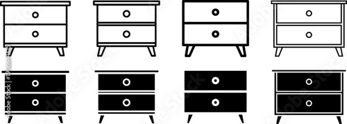 Modern bedside table icons set in black and white