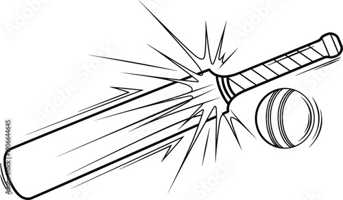 Dynamic black and white line art illustration depicting a powerful cricket bat striking a leather ball with intense motion and impact lines evident