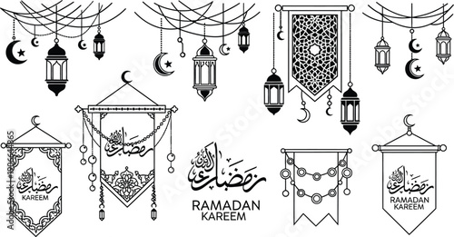 Ramadan Kareem celebration elements with lanterns, crescent, banners in various designs and hanging styles for festive decoration