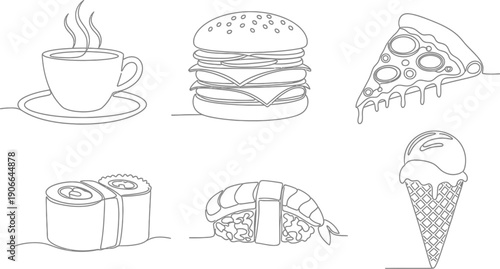 Collection of popular fast food and beverage icons illustrated in a continuous single line drawing style for minimalist design projects