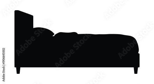 A stark black silhouette depicts a standard bed frame with a headboard and bedding offering a minimalist visual representation silhouette