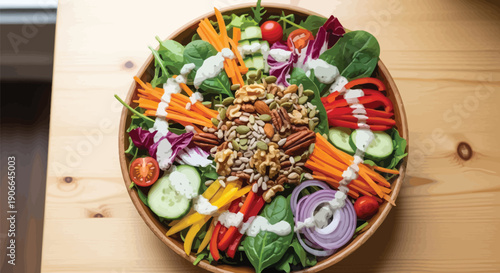 Colorful overhead view of a hearty wooden bowl overflowing with fresh salad greens vibrant vegetables nuts seeds and creamy dressing