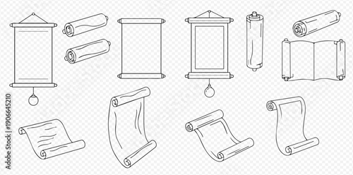 Set of hand-drawn ancient scrolls, paper, and hanging banners, vintage parchment documents collection.