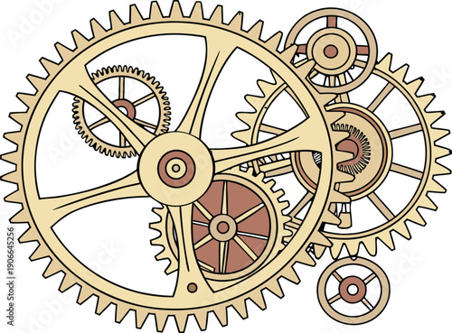 Vector Isolated Gold Gear Mechanism Set on Transparent Background