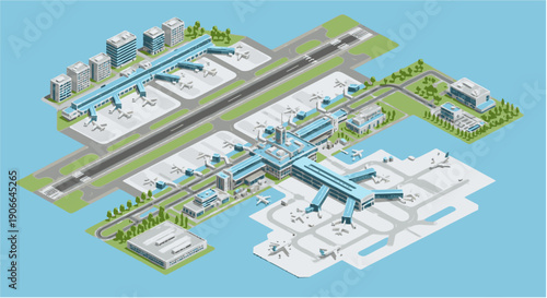 Modern Isometric Airport Complex Aerial View Detailed Aviation Infrastructure Illustration