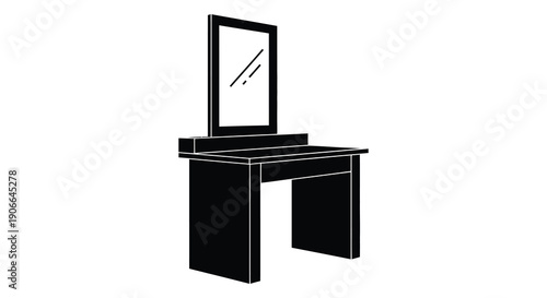 A minimalist black dressing table with a rectangular mirror is presented in a stark graphic silhouette high quality professional detailed modern