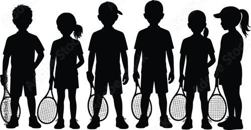 Kids tennis silhouettes standing together holding rackets, children sports team concept, young athletes figures isolated on white background