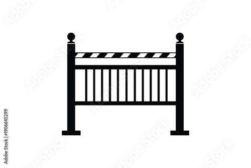 A black silhouette of a railing or fence with a top bar featuring diagonal stripes against a white background