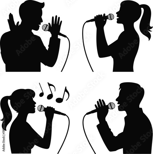 Male and female singer silhouettes performing with microphones isolated on white background, music duet vocal performance concept, black vector illustration