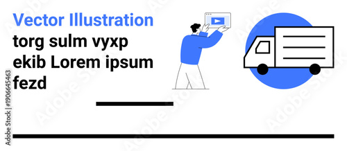 Man presenting video content with delivery truck illustration in blue and black accents. Ideal for logistics, e-commerce, technology, education, marketing, training, and simple landing page