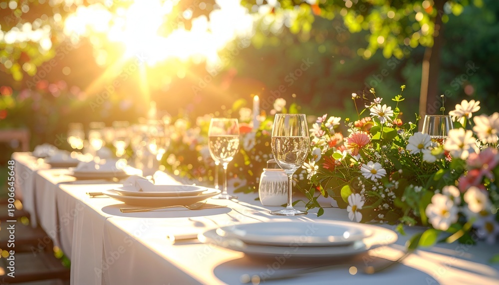 Obraz premium A beautifully set outdoor dining table adorned with flowers, sparkling sunlight illuminating the scene