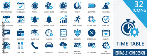 professional solid time table icon set for academic, planning, task, management, schedule, daily, routine, project, timeline, and calendar events.