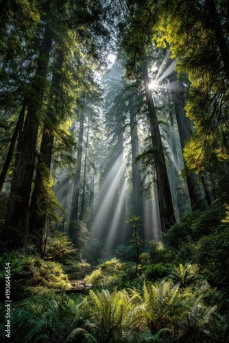 Sunlight streaming through giant redwood forest trees generated by AI