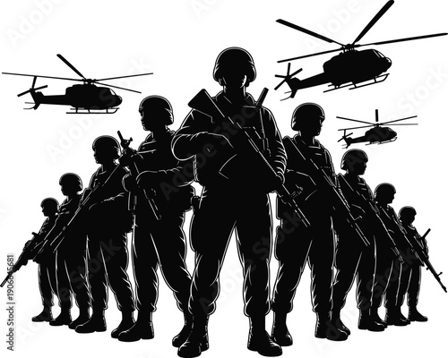 Military soldiers silhouettes standing with rifles helicopters flying overhead isolated on white background, modern army defense force, black vector illustration