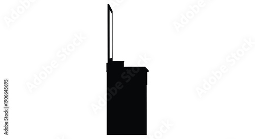 A stark black silhouette of a modern building with a distinctive antenna set against a bright white background silhouette high quality