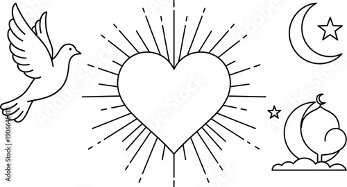 Simple line art illustration featuring heart, dove, moon, and apple symbols in a serene composition