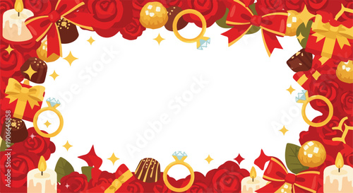 A frame of red roses, chocolates, and engagement rings for romance.