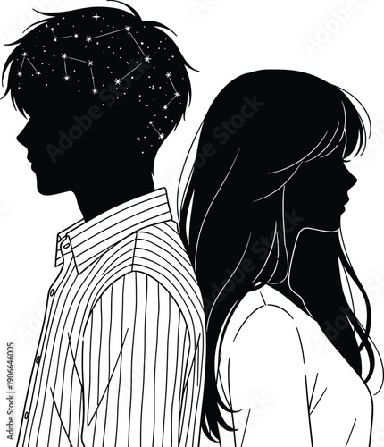 relationship, couple, love, emotion, psychology, silhouette, vector, illustration, man, woman, connection, distance, mental, concept, abstract, black, white, minimal, art, design