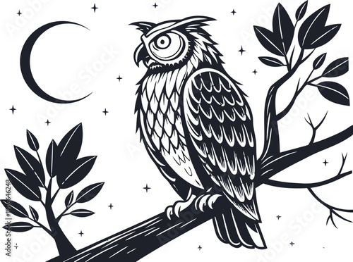 Vector isolated on transparent bg owl silhouette night moon nature illustration