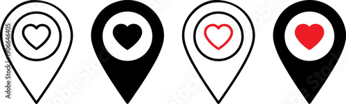 Set of map pin icons with heart symbols inside