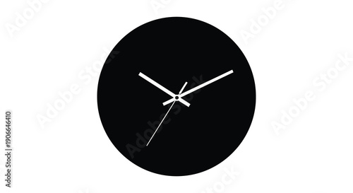 A minimalist black clock face displays hands pointing to a time around 9 12 presented as a striking silhouette high quality professional