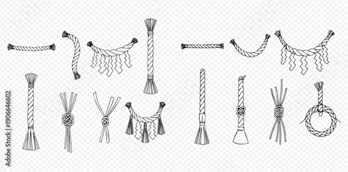 Set of hand-drawn rope elements, knots, and braided cords in sketch style.