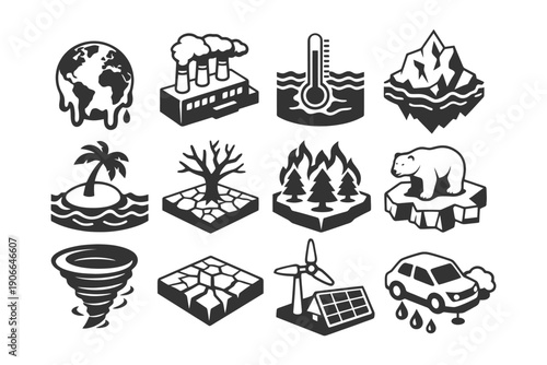 Climate change icons: melting earth, pollution, rising temperature, deforestation, renewable energy.