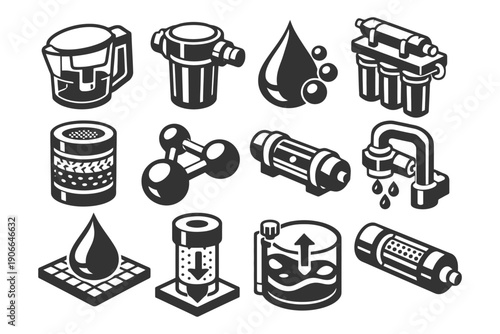 Water filtration icons: purification elements and equipment illustrations.