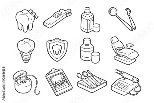 Dental care collection: tools and equipment illustrations for oral health.
