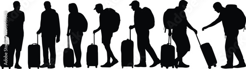 Travelers silhouettes with luggage walking in different poses, people carrying suitcases, journey tourism travel concept isolated on white background