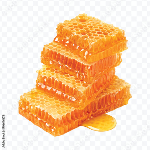 realistic four stacked honeycomb pieces with dripping honey in different style isolated on transparent background