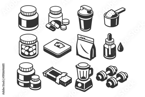 Fitness nutrition and equipment icons featuring supplements, blender, shaker, weights, and protein bar.