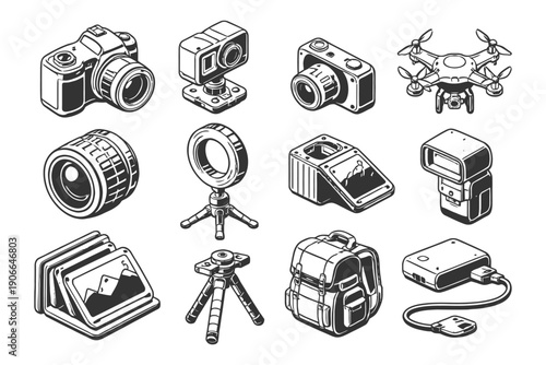 Monochrome icons of camera equipment and accessories collection.