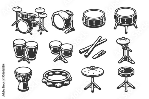 Collection of various percussion instruments in black and white illustration.