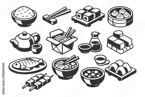 Assorted asian food icons including sushi, noodles, fish, and dumplings.