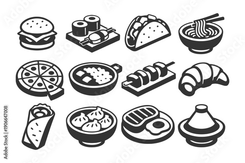 Monochrome icons of global cuisine: burger, sushi, taco, asian noodles.