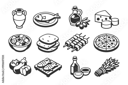 Mediterranean food icons: fish, cheese, olive oil, salad, bread, pizza, spices.
