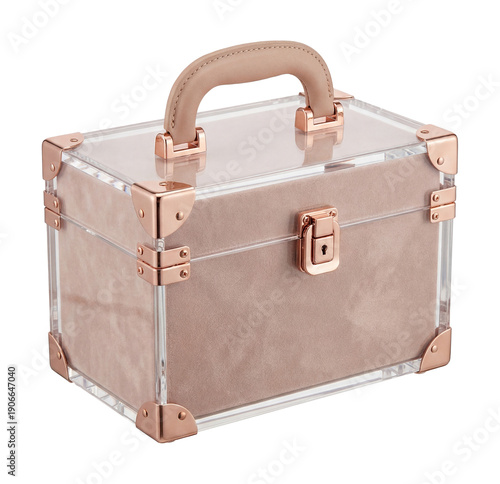 Clear acrylic vanity case with rose gold hardware and lockable clasp