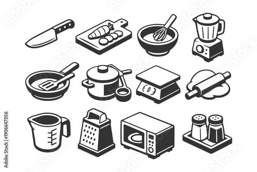 Isometric kitchen utensils collection: knife, blender, grater, microwave, rolling pin.